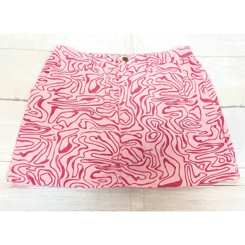 Y2K loveriche Skirt Pink Woman's Size L Swirl Geo Print Denim Mini Pockets Vtg‎